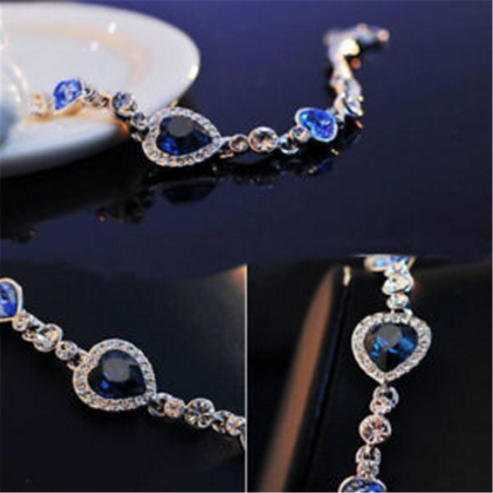 Fine Fashion Women Blue Crystal Rhinestone Heart Charm Bangle Bracelet Gift