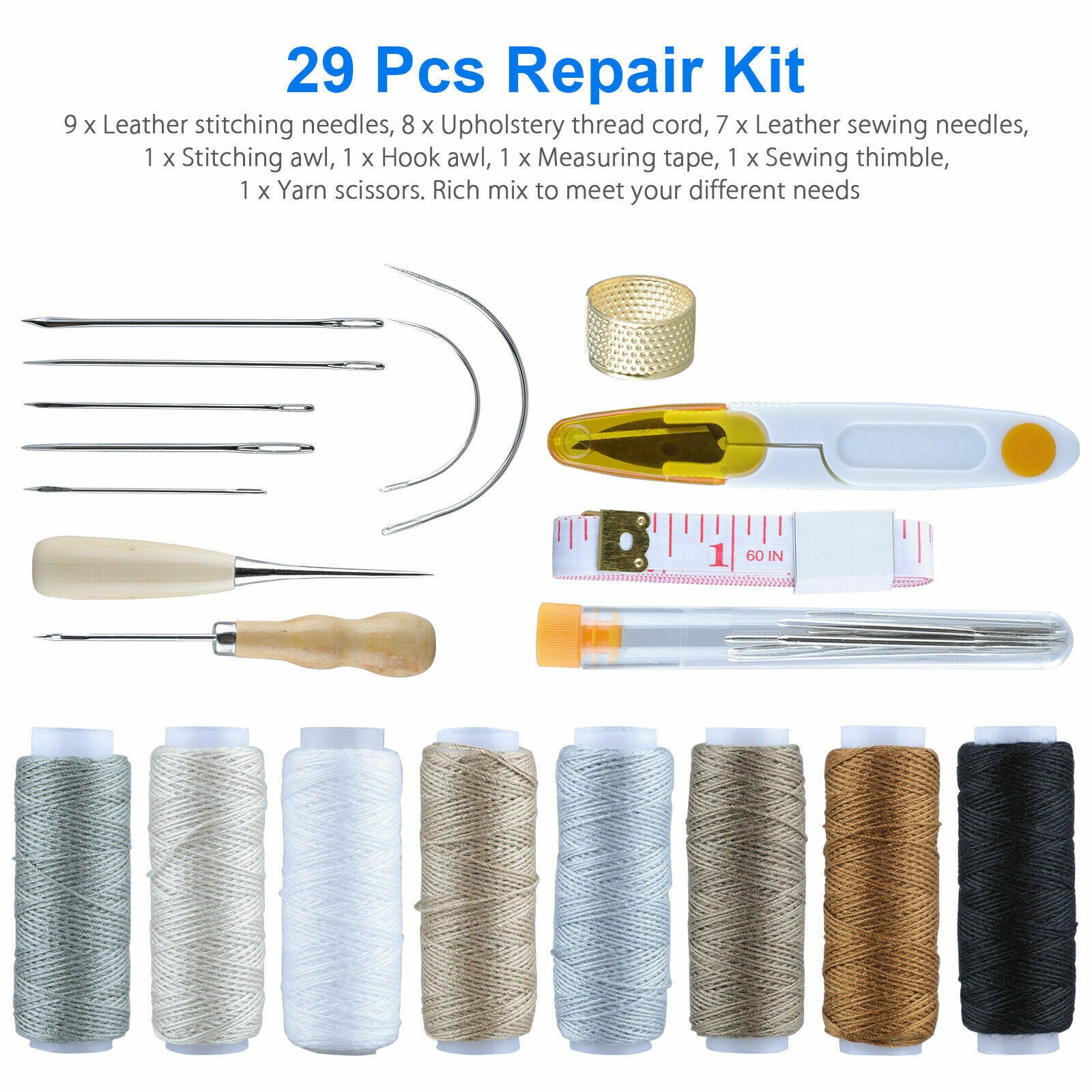 29X Upholstery Sail Carpet Leather Canvas Repair Curved Hand Sewing Needles Kit