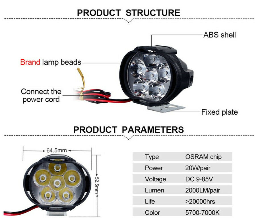 2x 10W 6LED White 1000LM Motorcycle ATV Headlight Driving Fog Spot Light +Switch