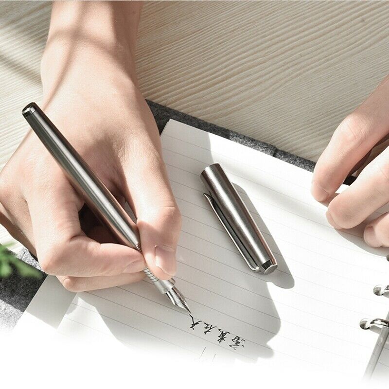 Hongdian 517S Full Steel Fountain Pen EF 0.4MM Bent Nib Srew Cap