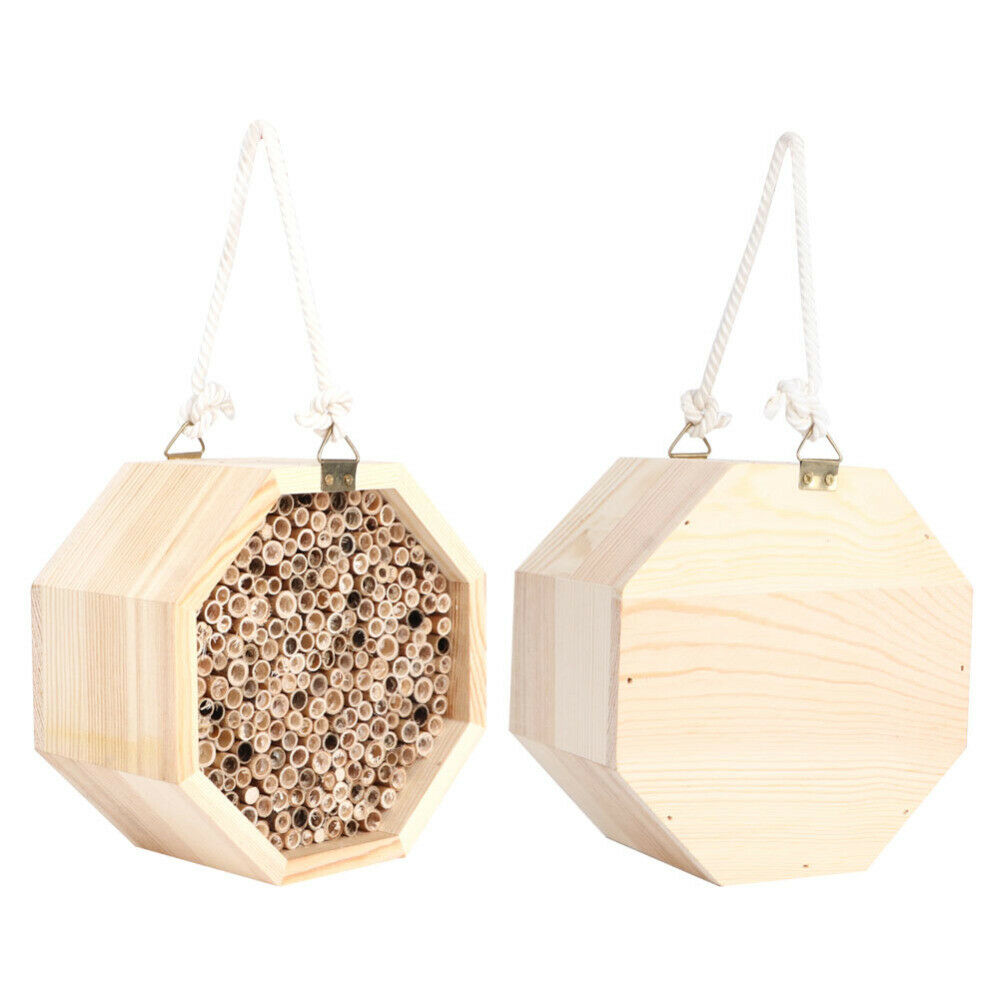 Handing Wooden Insect Bee House Natural Wood Bug Shelter Garden Nest Box Decor