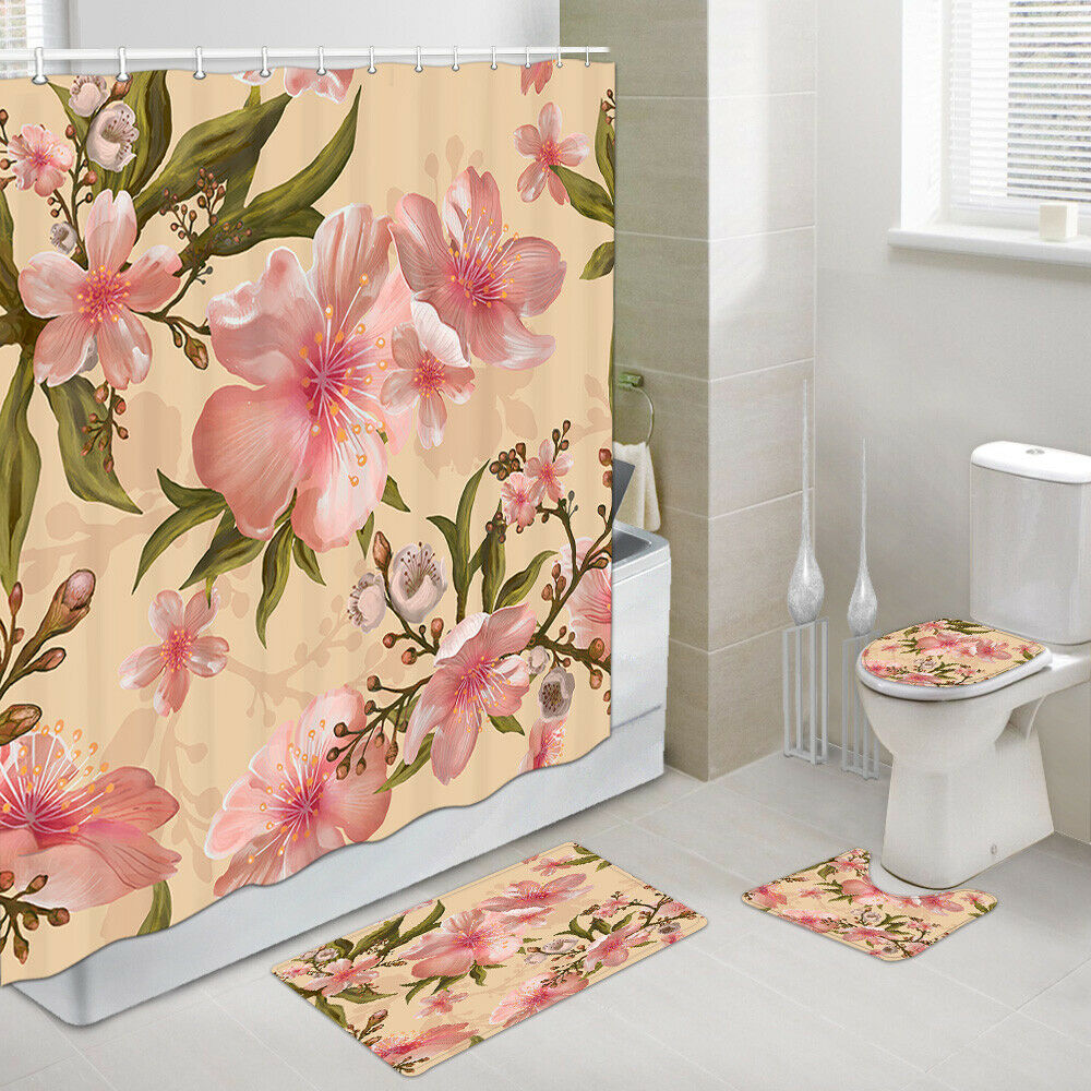 Pink plum blossoms Shower Curtain Set Bath Rug Toilet Lid Seat Cover 4PCS-Set