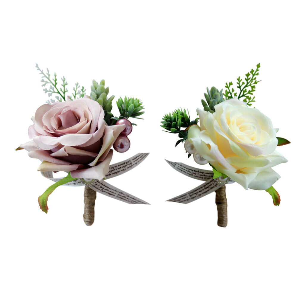 Set of 2 Boutonniere Roses Wrist Corsage Best Brides Wedding Accessories
