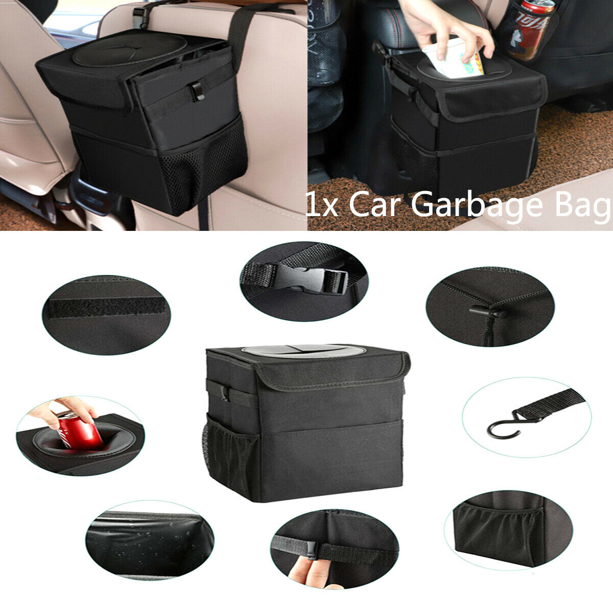 1x Waterproof Leakproof Collapsible Universal Car Trash Can with Lid Storage Bag