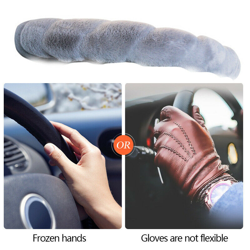 38CM Dia. Car Steering Wheel Cover Gray Winter Fur Wool Furry Fluffy Thick Warm