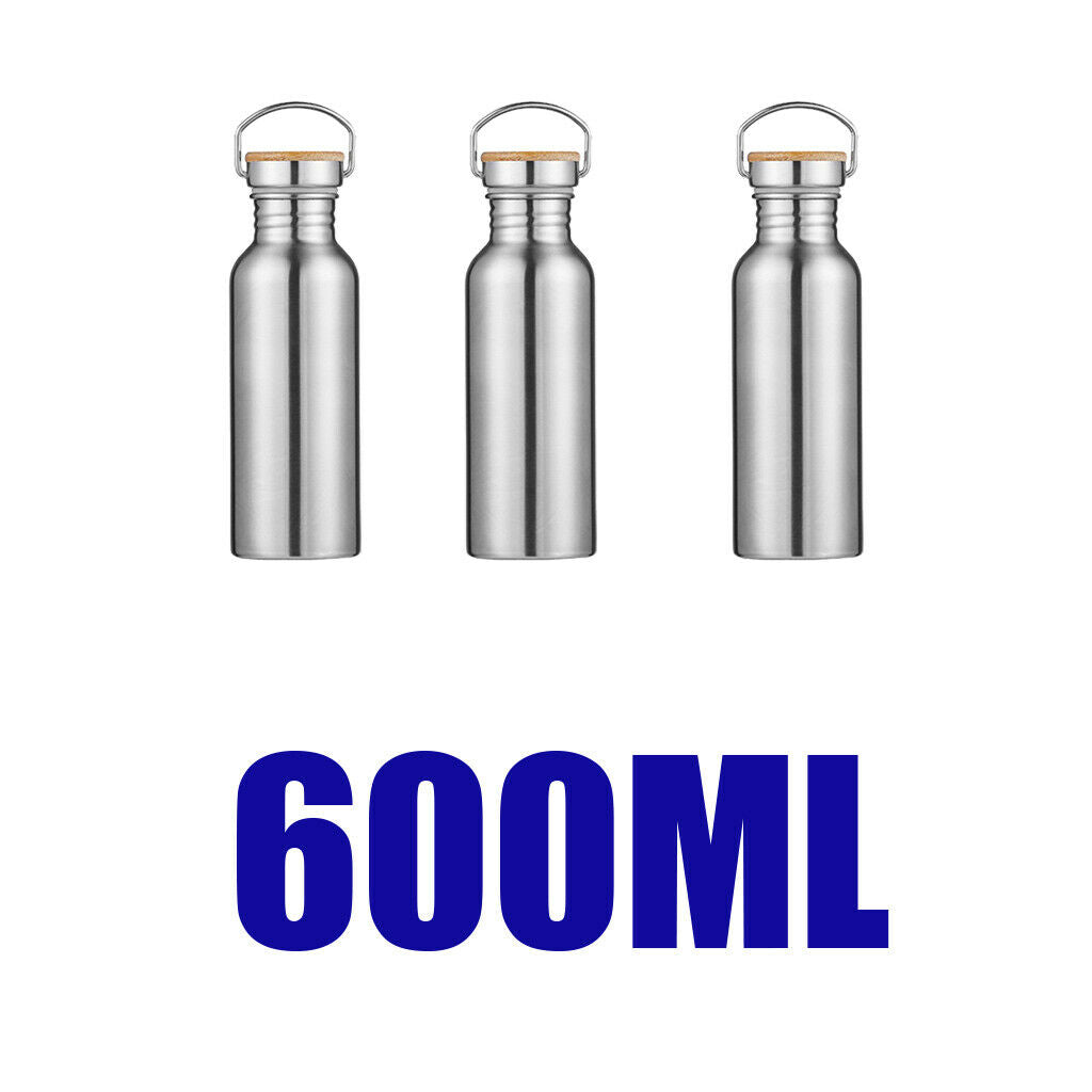 3x Stainless Steel Water Bottle for Sports Travel Insulated Bamboo Lid 600ML