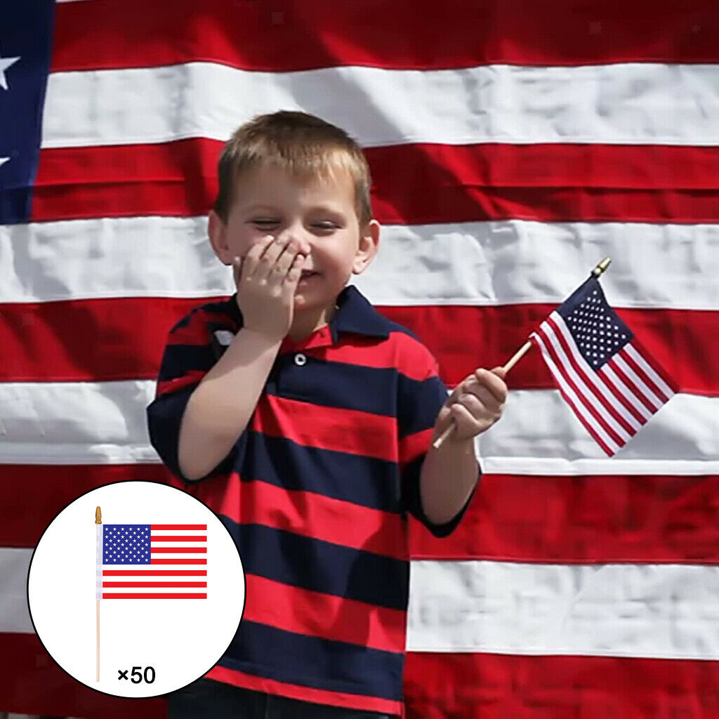50Pc Small American Flags on Stick 4x6 Inch Mini US Flags