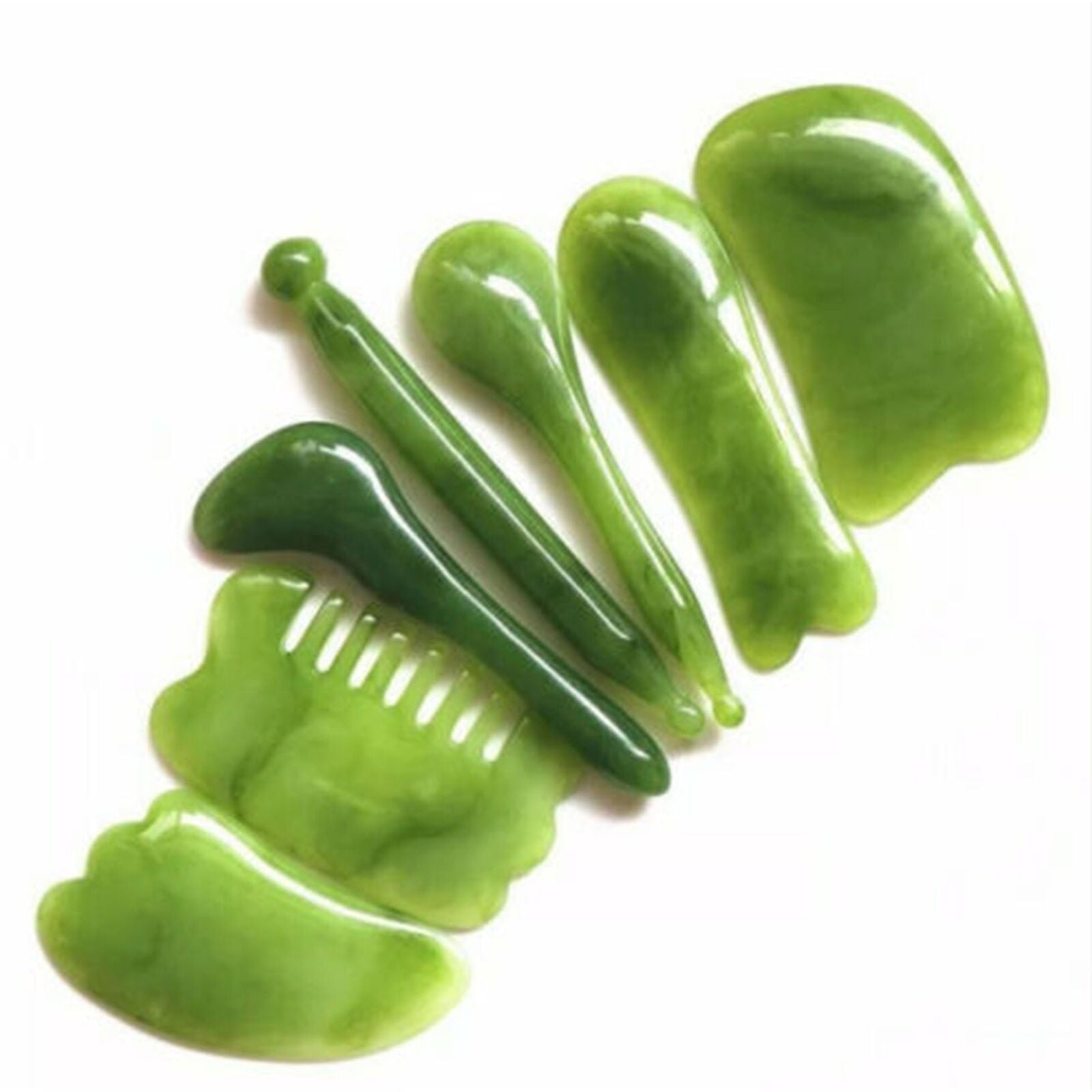 7 Pcs Set Gua Sha Natural Green Jade Quartz Stone Facial Body Massage Board Tool