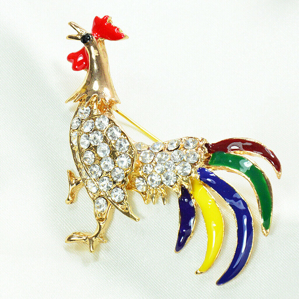 Rooster Cock Brooch Pin Zodiac Animal Enamel with Sparkling Zircons golden