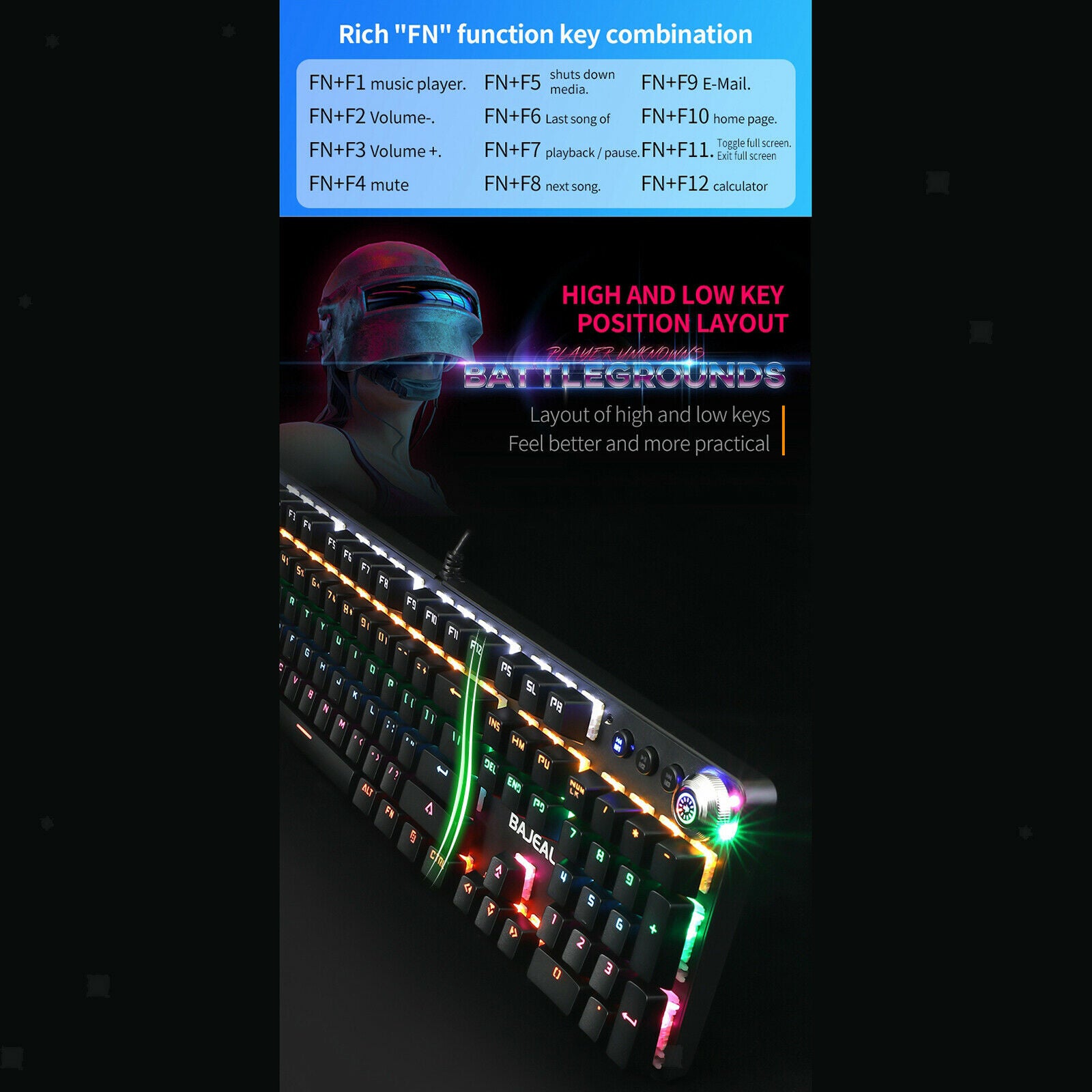 USB Multiple Modes Detachable Wired Gaming Keyboard Water-Resistant Ergonomic