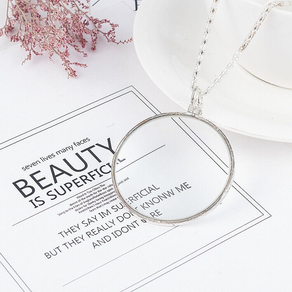 5X Magnifier Round Reading Magnifying Glass Lens Pendant Long Chain Necklace USA
