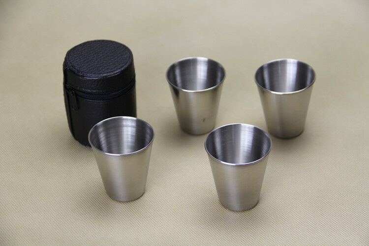 4pc Stainless Steel Shot Glass Set with Leather Case
