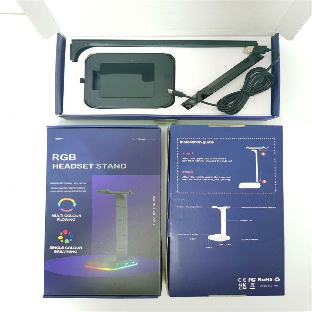 Gaming Headset Stand w/ 2 USB and 3.5mm Ports RGB Headphones Holder Hanger Base
