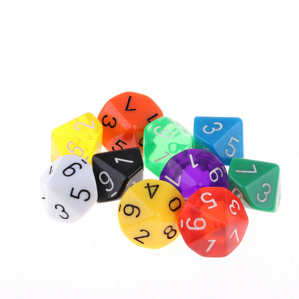Pack of 10 Multi-Sided Acrylic Table Games Dice for Travel Pathfinder/D&D RPG
