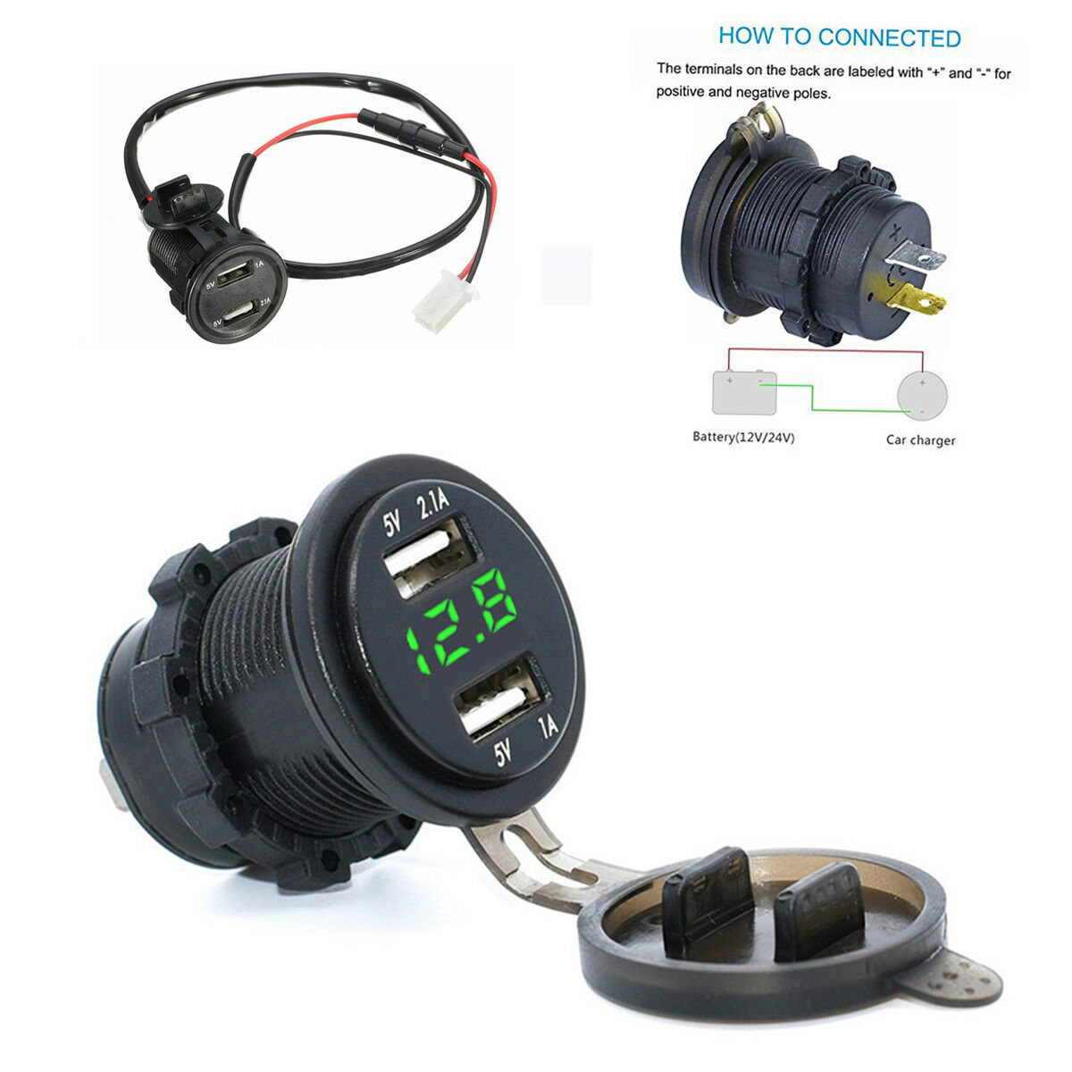 12V Universal Motorcycle 3.1A Dual USB Charger Socket and Green LED Voltmeter