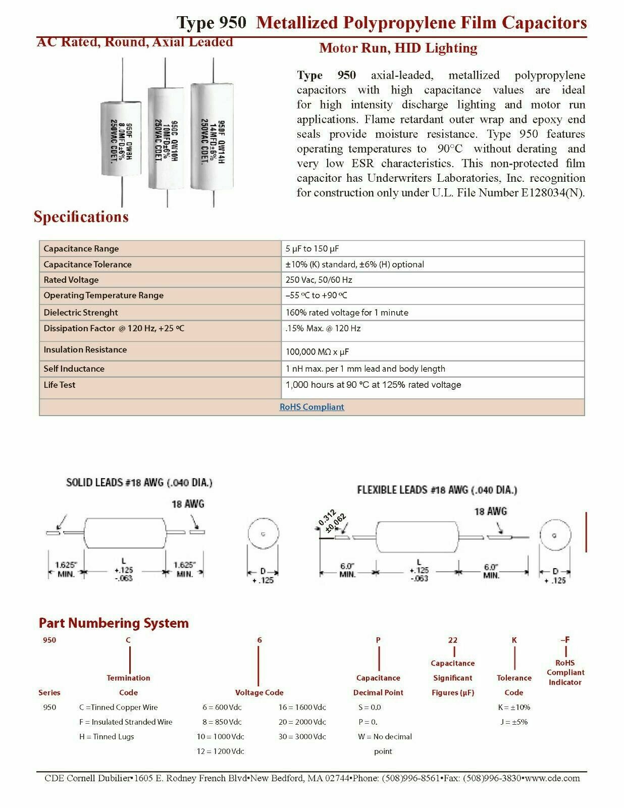 1pcs-CDE 950 52uF 250V(ac) 10% 950CQW52K Polypropylene Axial Film Capacitor