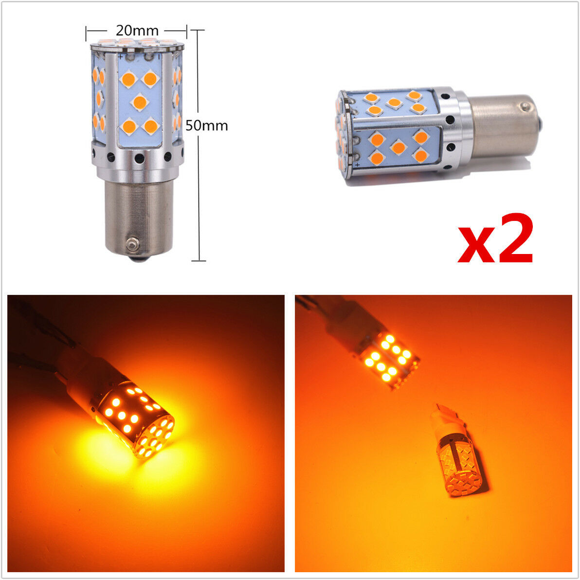 2x No Flash BAU15S 7507 PY21W 1156PY LED Bulbs For Front/Rear Turn Signal Lights