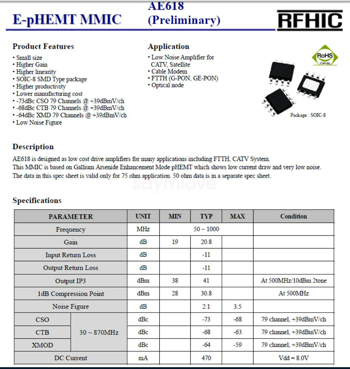 New AE618 50-1000MHZ 1W Linear Power Amplifier 20DB Gain E-pHEMT MMIC