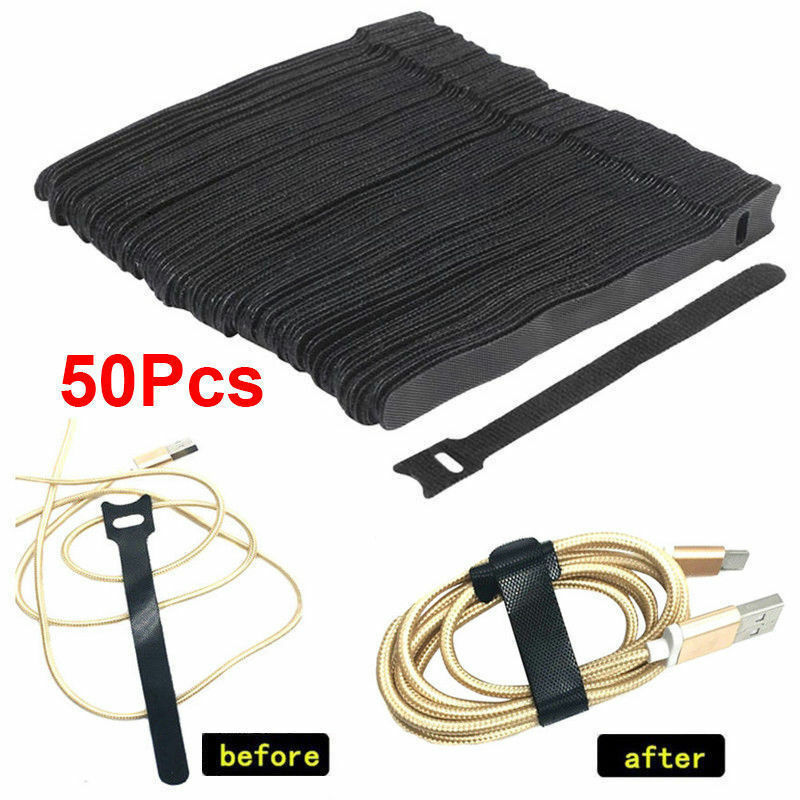50X Black Nylon Strap Hook and Loop Cable Cord Ties Tidy Organizer Durable