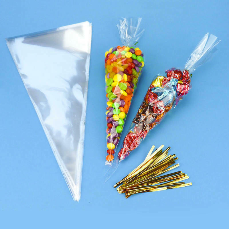 100pcs Clear Cellophane Cone Bags Twist Ties Large size Party Sweet Cello Candy