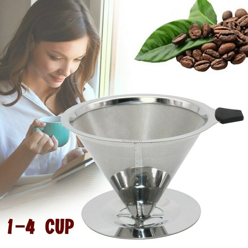 Coffee Filter Dripper Pour Over Stainless Steel Funnel Reusable 1-4 CUP CA