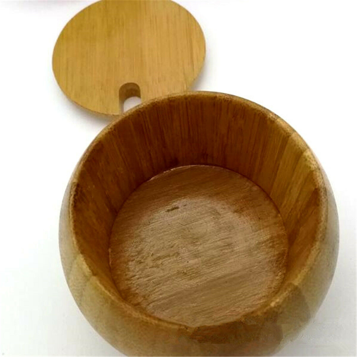 Bamboo Salt & Pepper Box Wood Round Kitchen Storage Case With Lid And Spoon