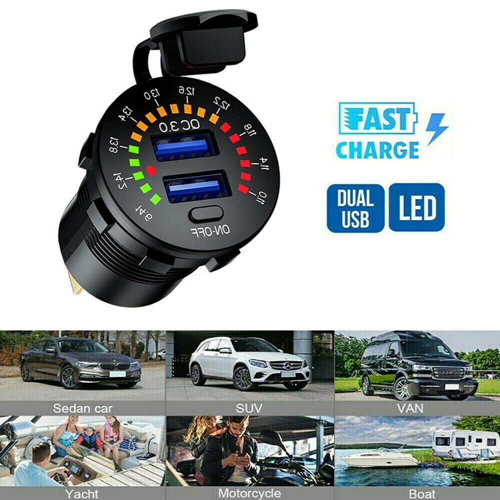 Dual USB Car Charger Socket Power Outlet QC3.0 36W LED Voltmeter for Car Boat