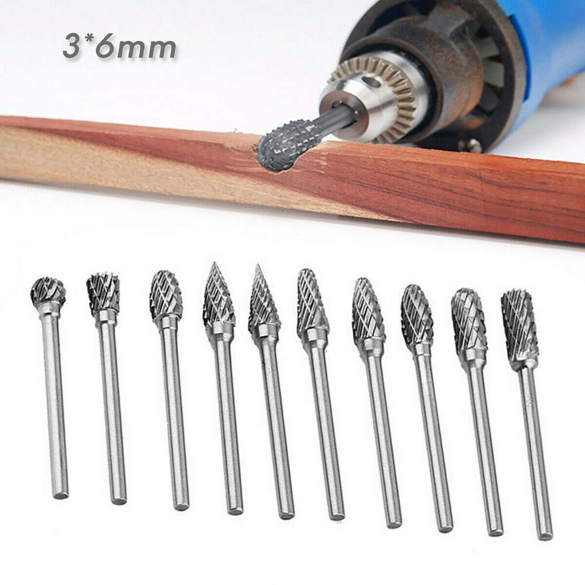 10Pcs Head Tungsten Carbide Steel Rotary Burr Die Grinder Bit Shank Carving Sets