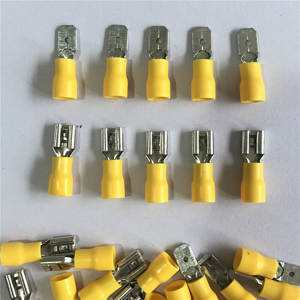 100pcs Yellow Electrical Crimp Wire Connectors Insulated Female Spade Terminals