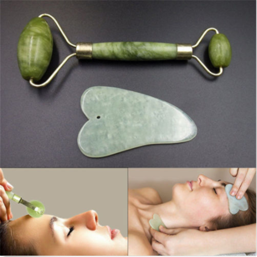 Natural Guasha Facial Jade Roller Face Thin+Body Gua Sha Board Massager Tool ~