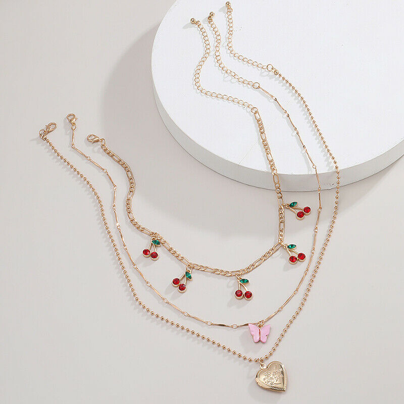 Acrylic Butterfly Heart Pendant Necklace Women Multilayer Cherry Choker J.l8
