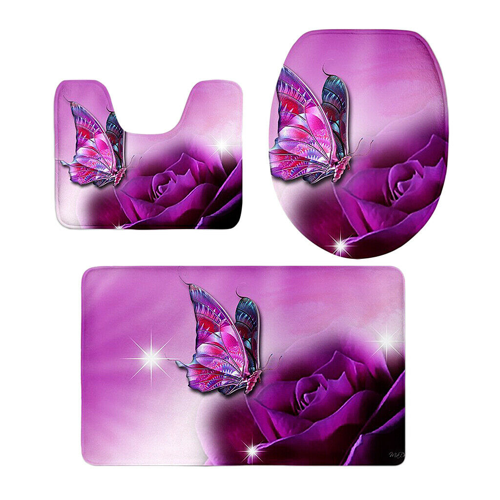 3 Piece Butterfly Toilet Covers Set Flannel Mats Bathroom Rug P1437CP