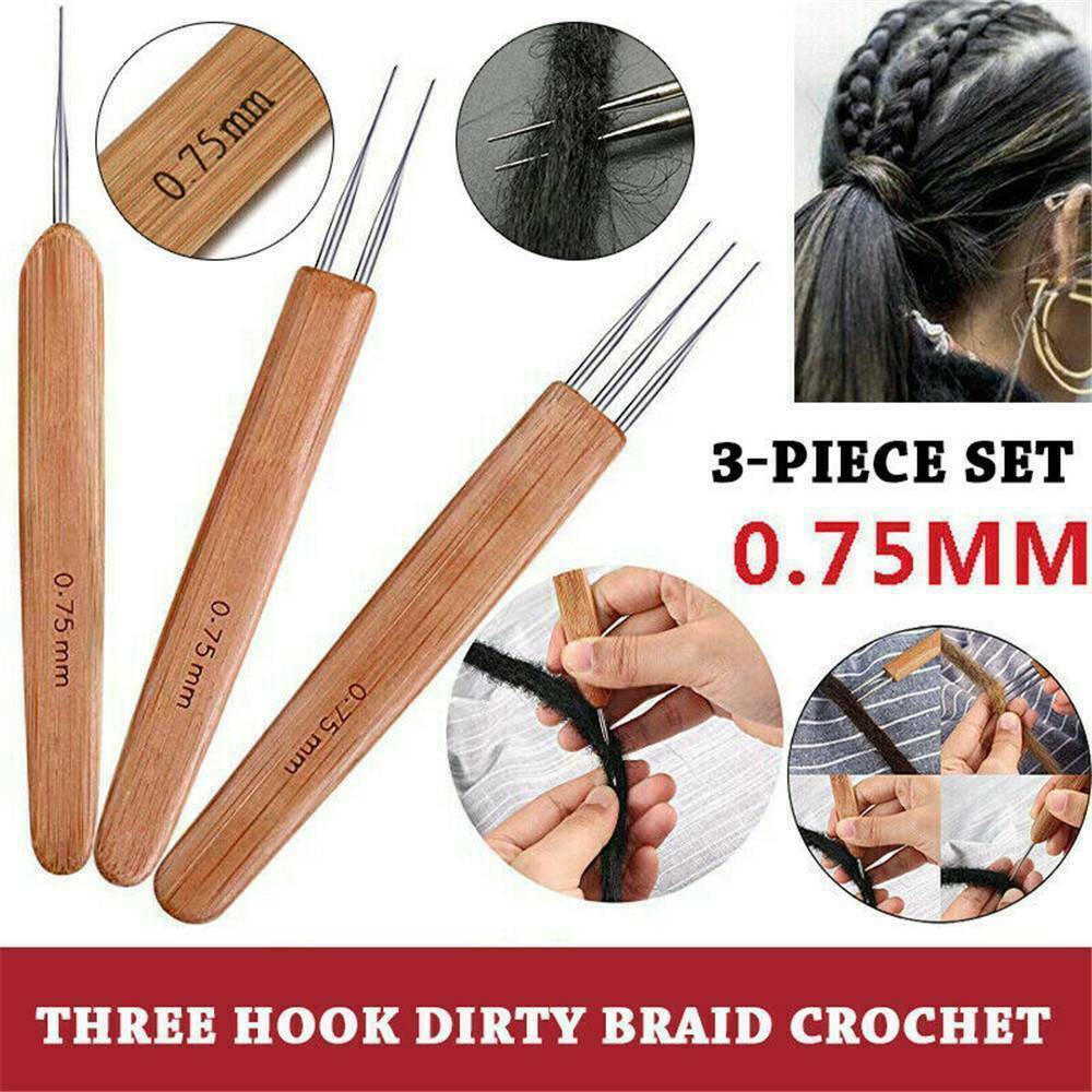 3*Crochet Needle Hook Bamboo Handle Dreadlock Knit Hair Making Braiding Tool Set