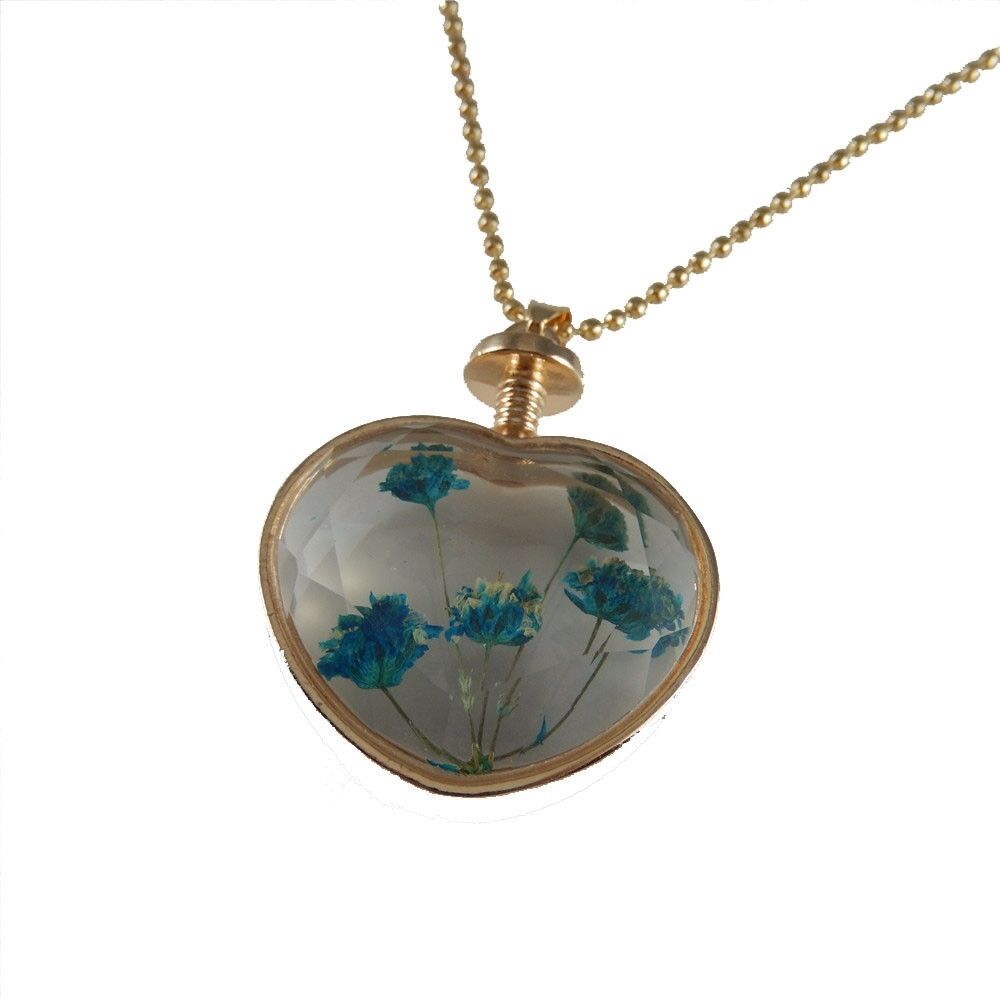 1-pack Clear Glass Heart Floating Dried Flowers Necklace Pendant Jewelry 24 inch