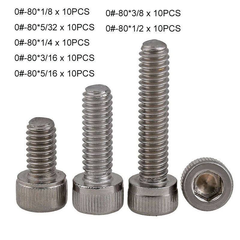 70Pc 0#-80 UNC Allen Bolt Socket Cap Screws Hex Head Kit A2 Stainless L1/8"~1/2"