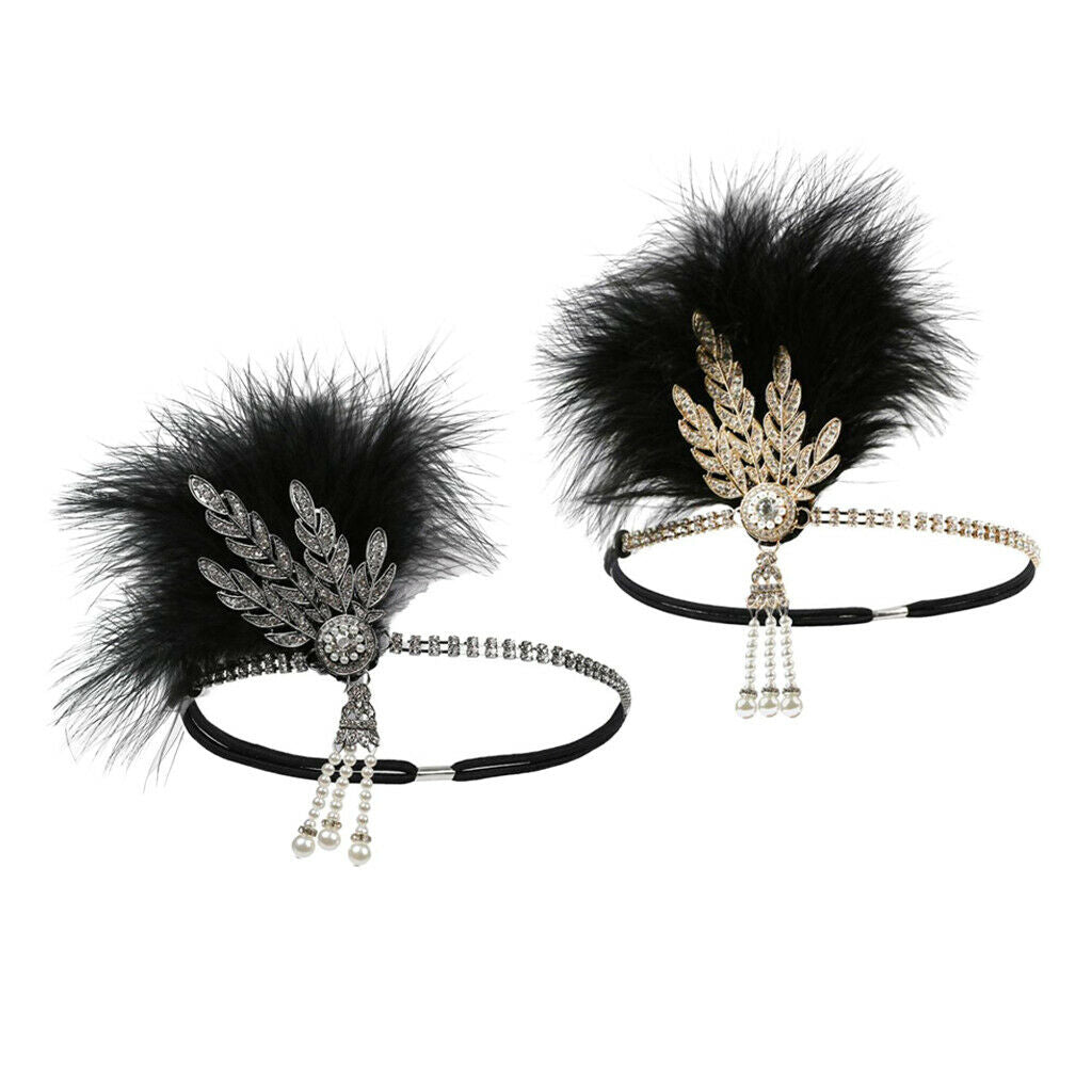 Set of 2 Womens Feather Headband Chain Stretchy Rhinestone Hairband Beaded
