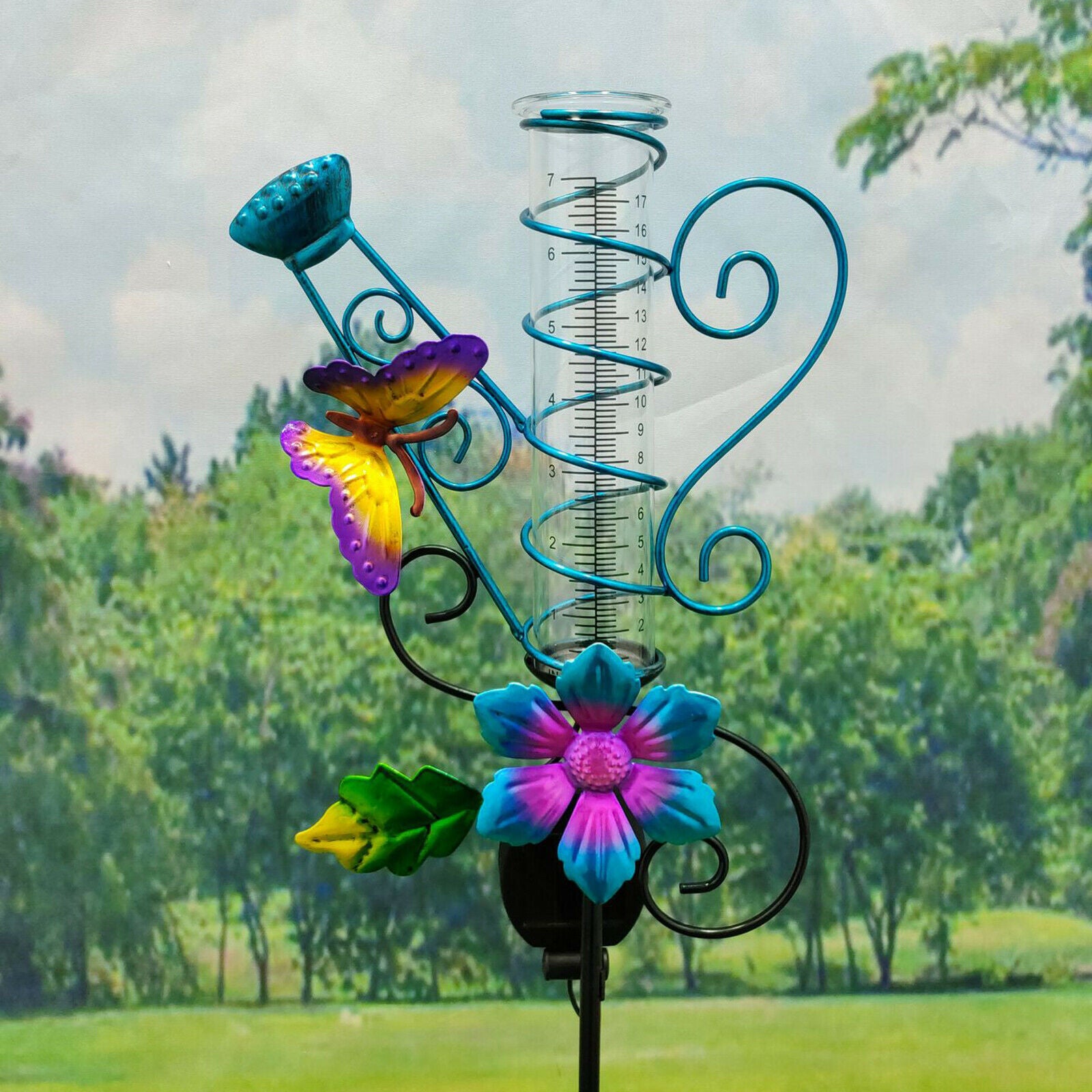Solar Powered LED Lighted Metal Butterfly Flower Rain Gauge Garden Stakes Light