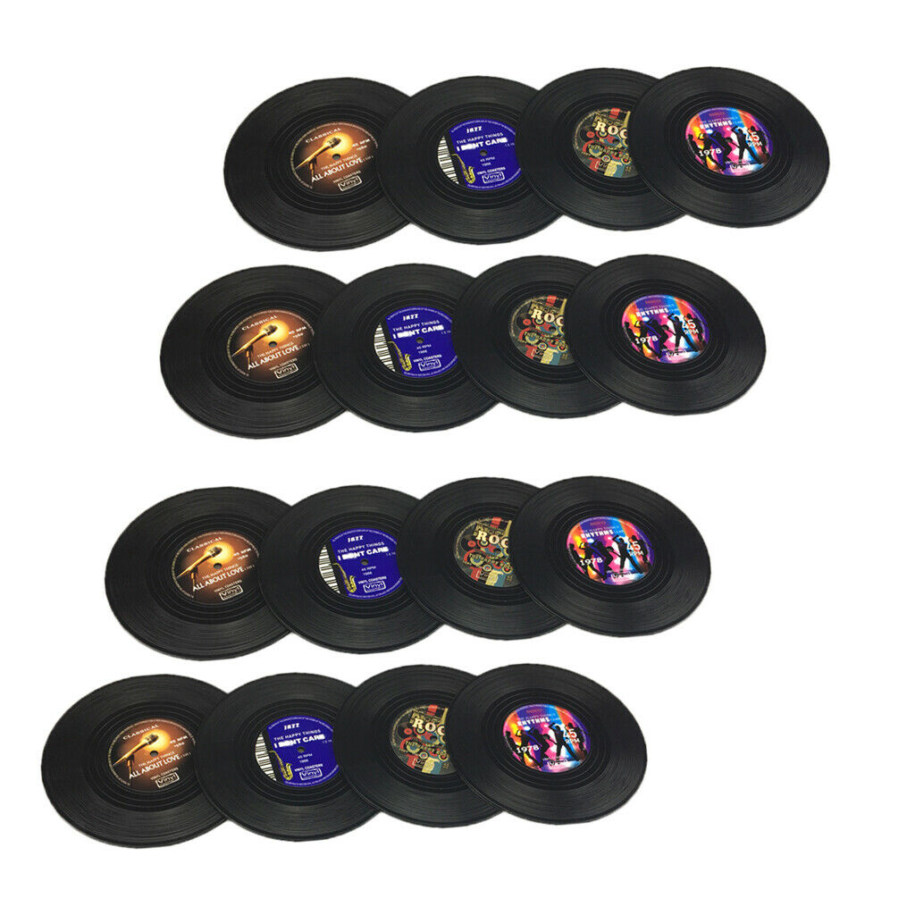 Set of 16, Drink Cup Mat Silicone Coaster Black Vinyl Record 10cm Gift