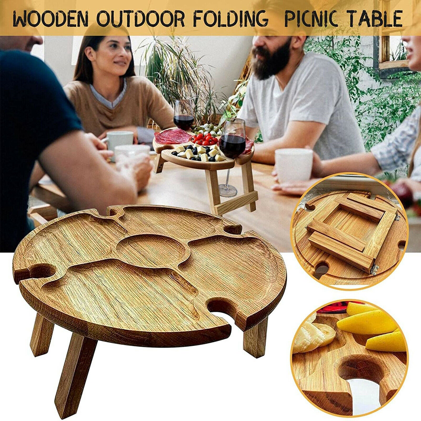 Outdoor Wooden Picnic Table with Glass Holder Wine Glass Rack for Garden