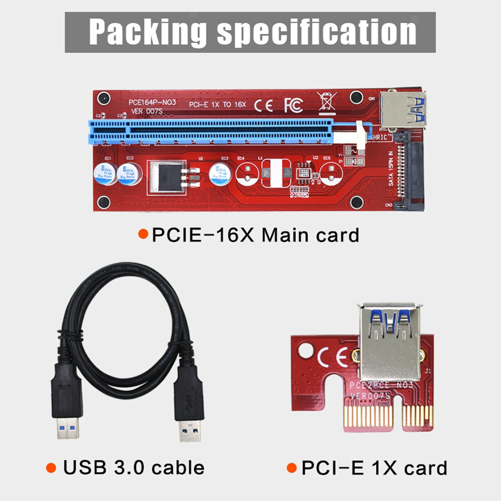 5x VER007 PCI-E GPU Riser Card 007S PCI Express USB 3.0 for Ethereum Mining