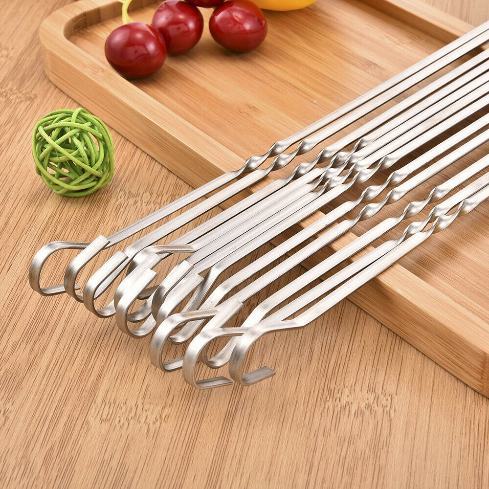 12PCS Kabob Skewers Flat Metal BBQ Barbecue Skewer Stainless Steel Shish Skewers