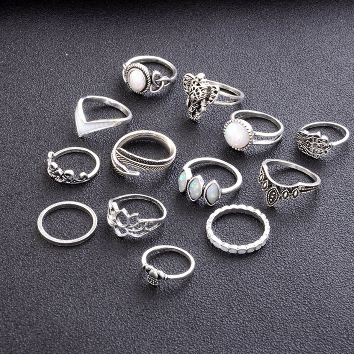 13 PCS/Set Boho Fatima Elephant Lotus Knuckle Rings Opal Rings Set Jewelry