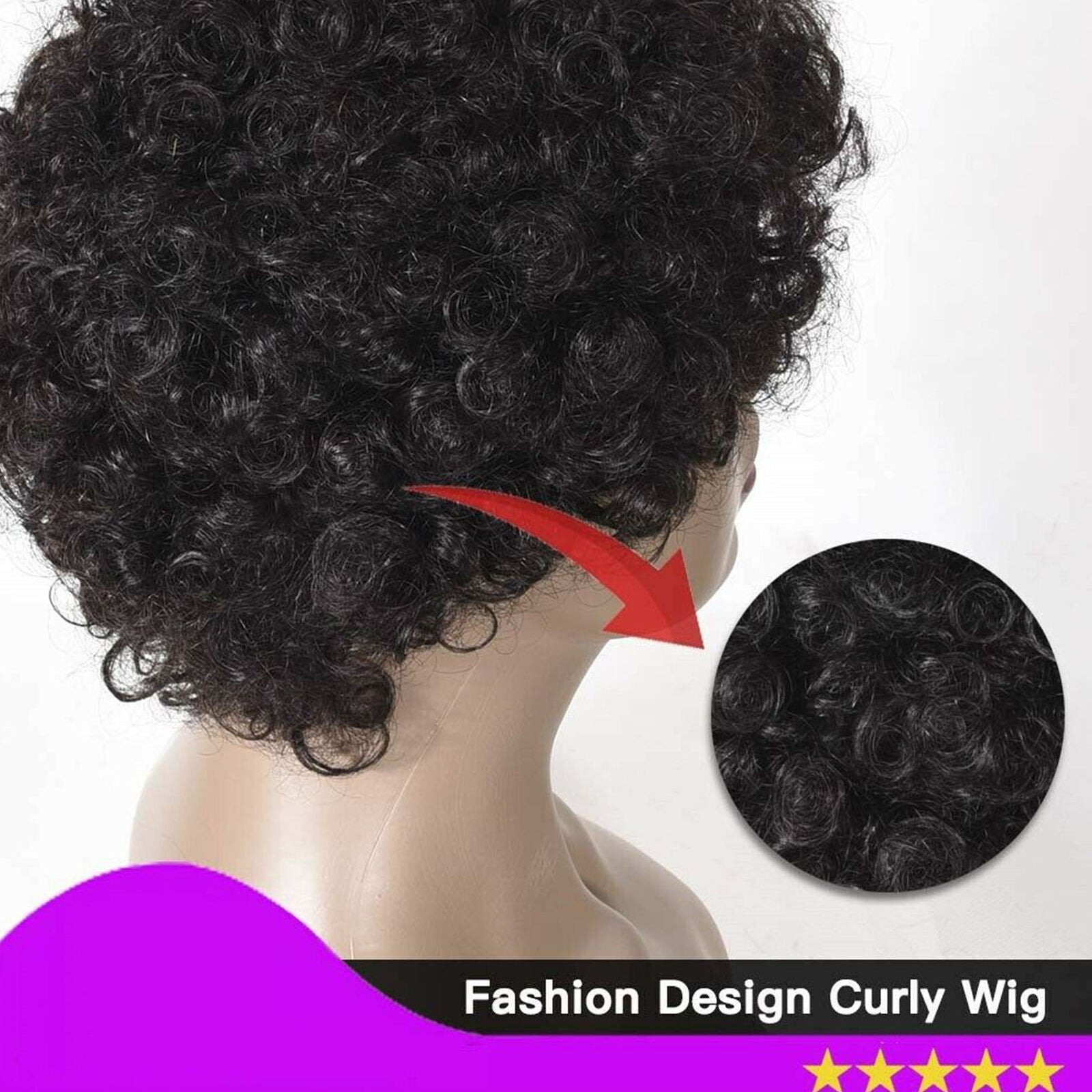 Women's Short Curly Wig w/Bangs Pixie Cut 150% Density Black Synthetic Hair