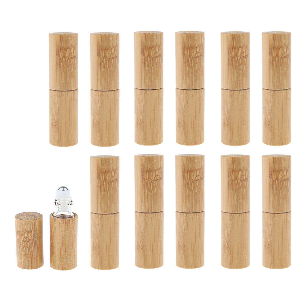12Set Natural Bamboo Empty Perfume Essential Oil Roller Bottles Portable 5ml