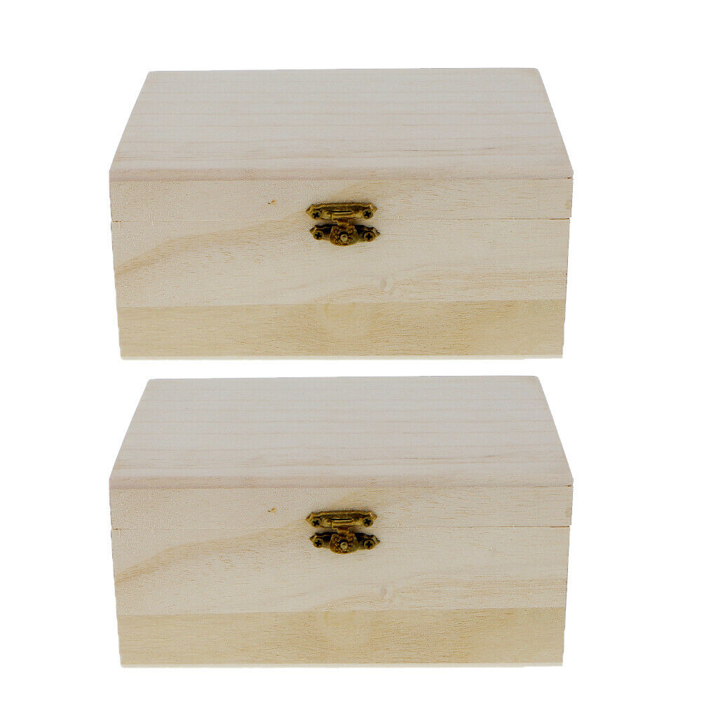 2 Pieces Unfinished Wood Classic Box Storage with Hinged Lid for Arts Crafts