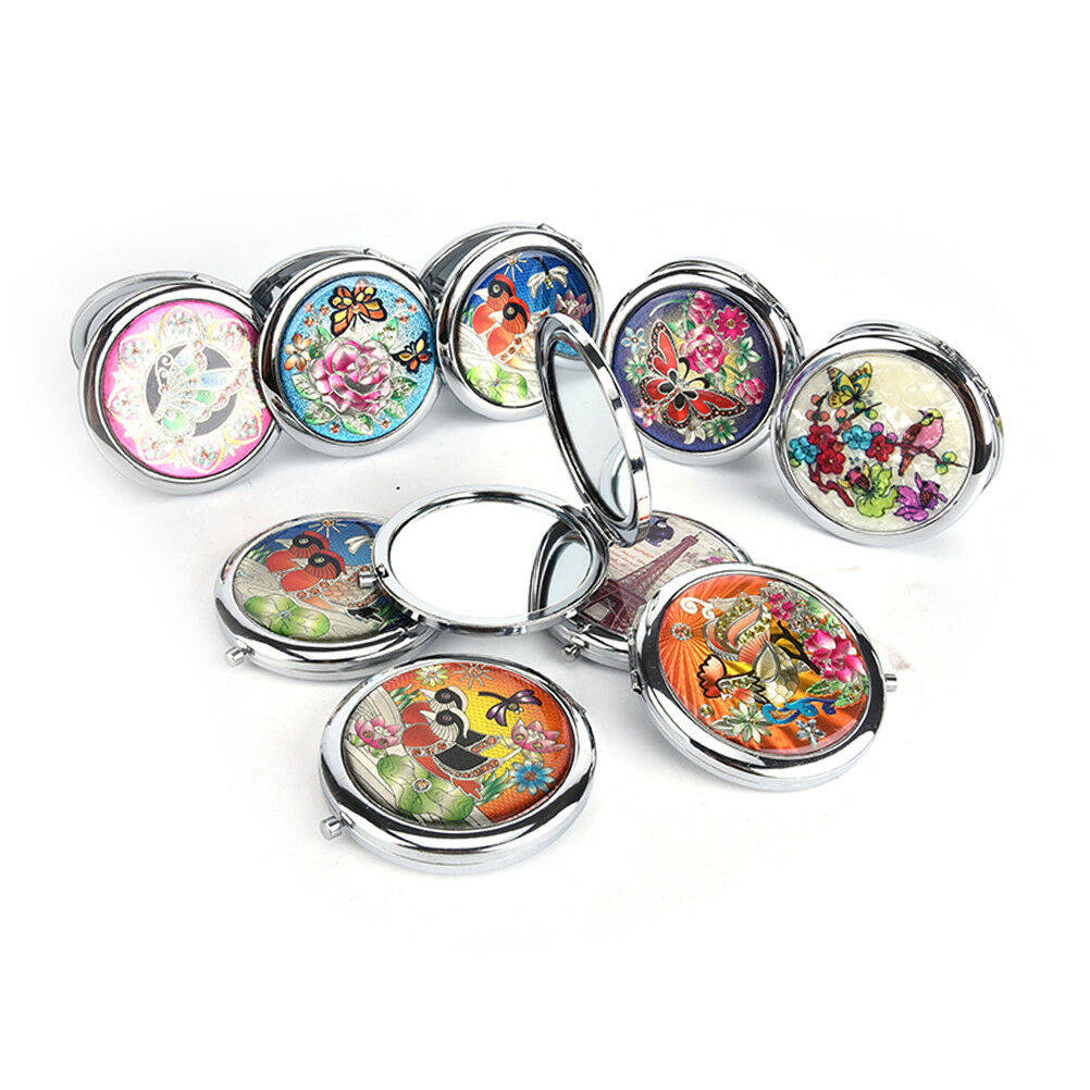 Crystal Folding Round Pocket Compact Makeup Cosmetic Mirror Portable XGA Rf