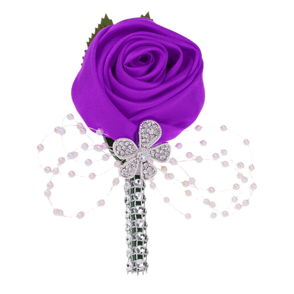 Artificial Flower Wedding Corsage Boutonniere Bridal Groom Dark Purple Rose