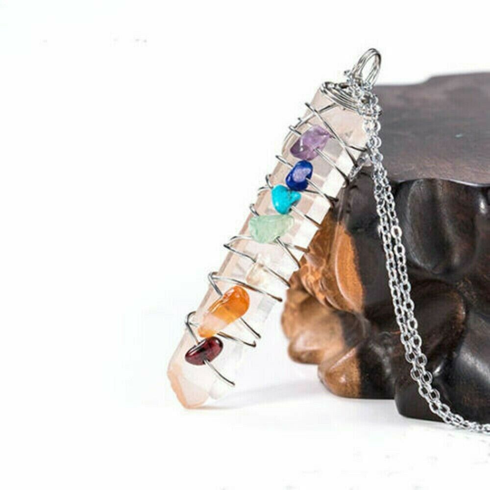 Natural Healing Crystal 7 Chakra Stone Wire Wrap Reiki Quartz Pendulum Pendant