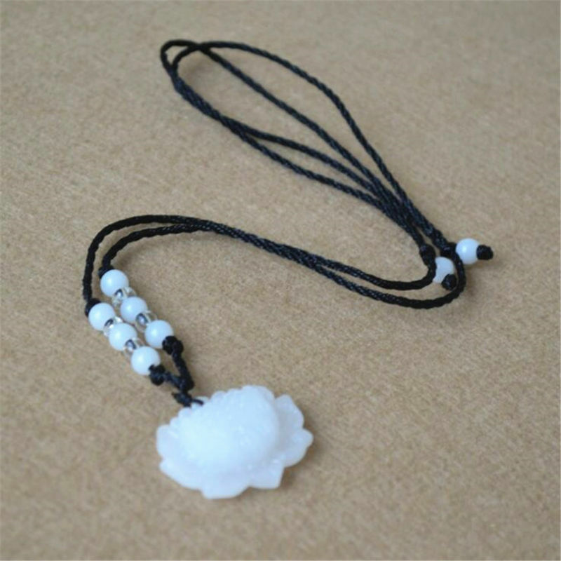 2PCS Natural White Jade Lotus Pendant Necklace Fashion Lucky Charm Unisex Gift