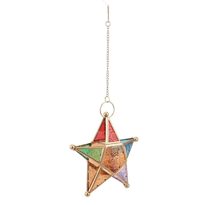 Multicolour Glass Star Votive Tea Light Candle Holder Hanging Lighting LanternR1